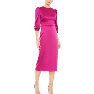 Mac Duggal Satin High Neck Puff Shoulder Midi Dress Fuchsia 26927 Size 14
